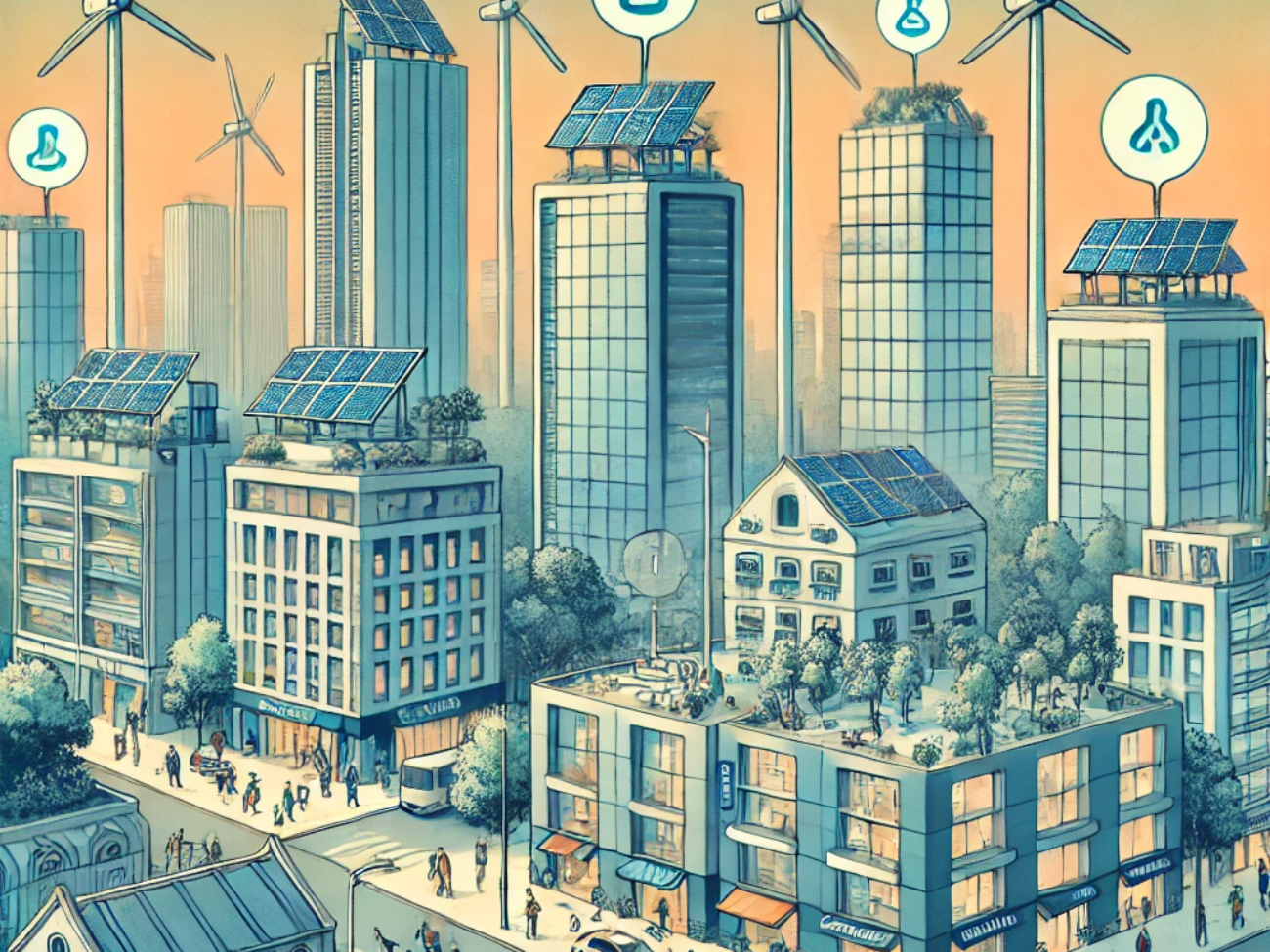 DALL·E 2024-06-25 11.51.01 - Illustration showing an urban Indian cityscape with decentralized energy systems. High-rise buildings are equipped with vertical wind turbines and roo