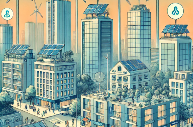 DALL·E 2024-06-25 11.51.01 - Illustration showing an urban Indian cityscape with decentralized energy systems. High-rise buildings are equipped with vertical wind turbines and roo