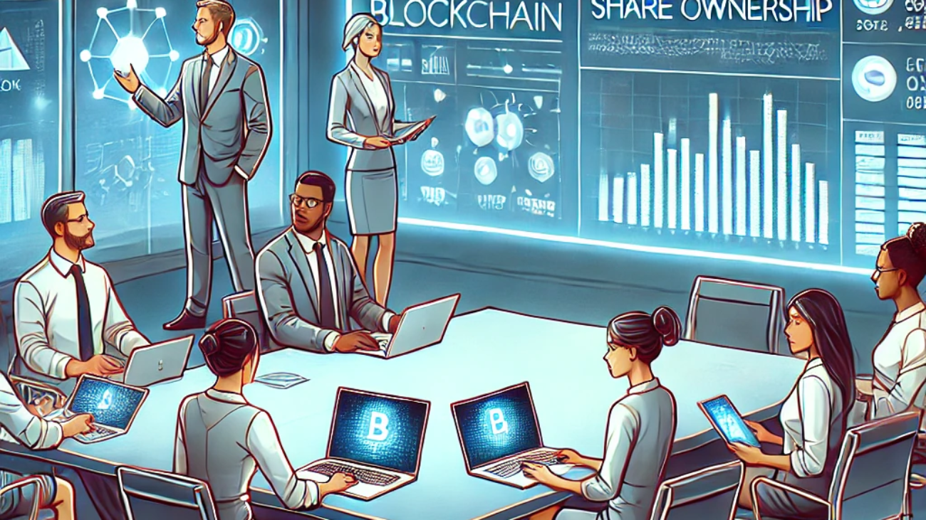 DALL·E 2024-06-25 12.00.45 - Illustration showing a high-tech corporate meeting where employees are discussing blockchain-based share ownership. The setting is a sleek boardroom w