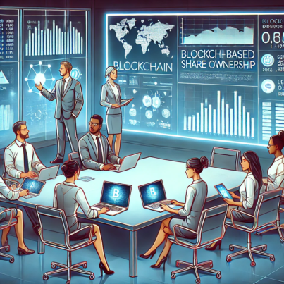 DALL·E 2024-06-25 12.00.45 - Illustration showing a high-tech corporate meeting where employees are discussing blockchain-based share ownership. The setting is a sleek boardroom w