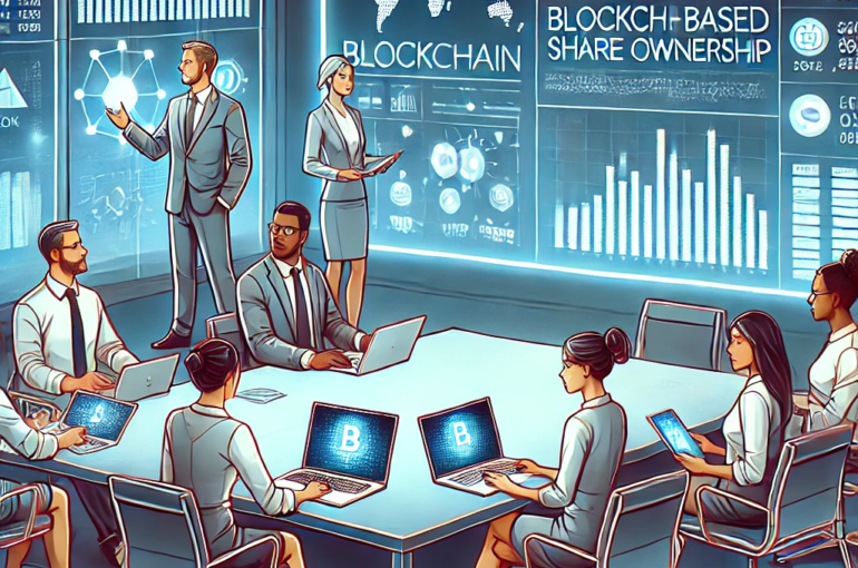 DALL·E 2024-06-25 12.00.45 - Illustration showing a high-tech corporate meeting where employees are discussing blockchain-based share ownership. The setting is a sleek boardroom w