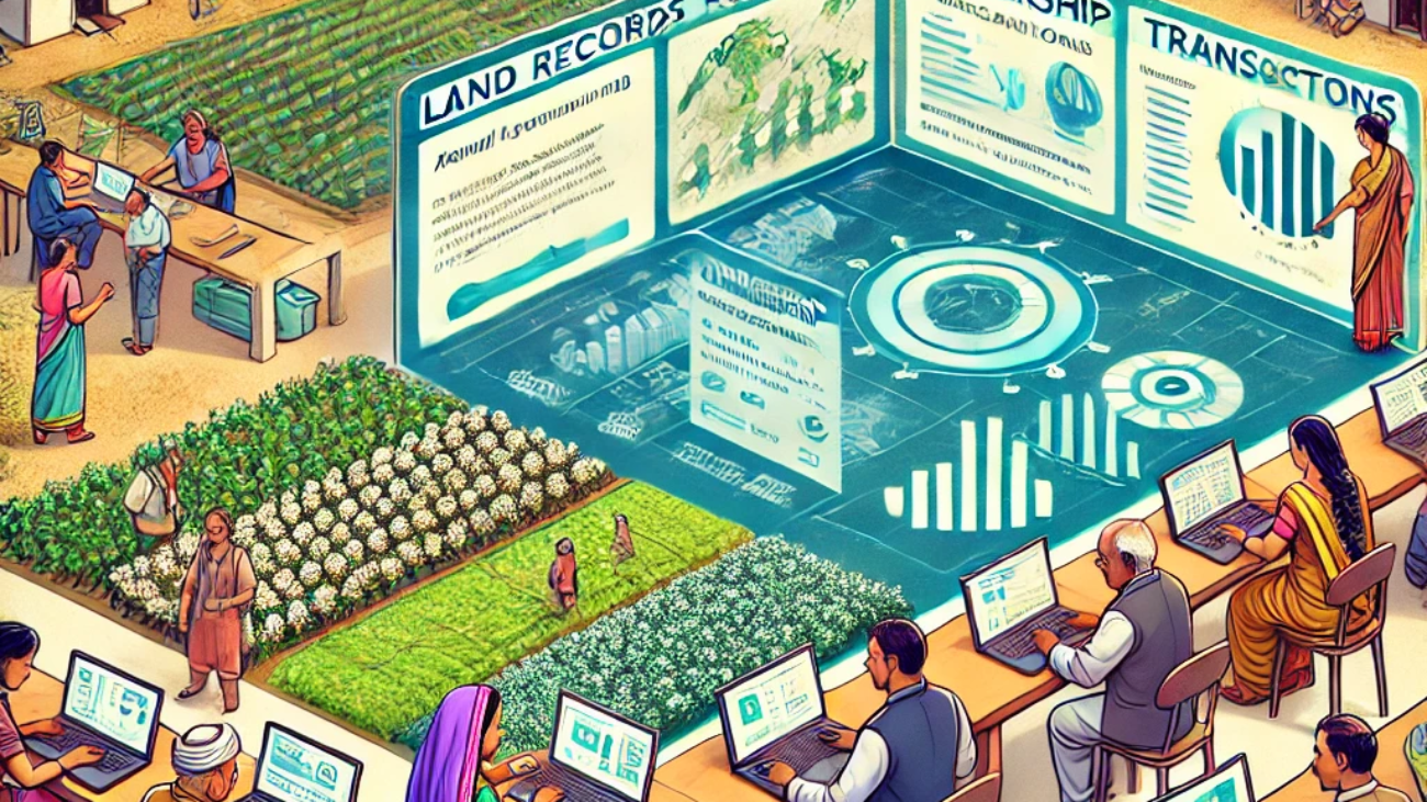 DALL·E 2024-06-25 12.10.27 - Illustration of a high-tech digital dashboard used by Indian farmers in a cooperative model, showing land records and transactions managed on a blockc