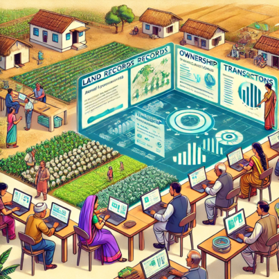 DALL·E 2024-06-25 12.10.27 - Illustration of a high-tech digital dashboard used by Indian farmers in a cooperative model, showing land records and transactions managed on a blockc