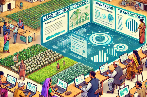 DALL·E 2024-06-25 12.10.27 - Illustration of a high-tech digital dashboard used by Indian farmers in a cooperative model, showing land records and transactions managed on a blockc