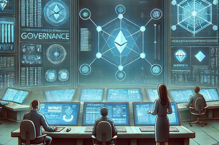 DALL·E 2024-06-25 12.18.31 - Illustration showing a high-tech control room monitoring Web3 governance processes for multiple SMEs. The control room features large digital displays