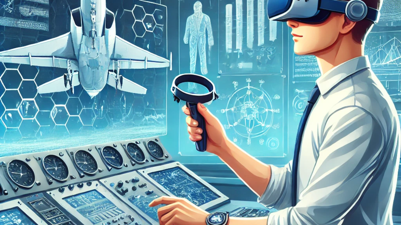 DALL·E 2024-06-25 12.50.34 - Illustration of an aerospace engineering student using virtual reality to simulate flight dynamics. The student, a young Caucasian male, is wearing a