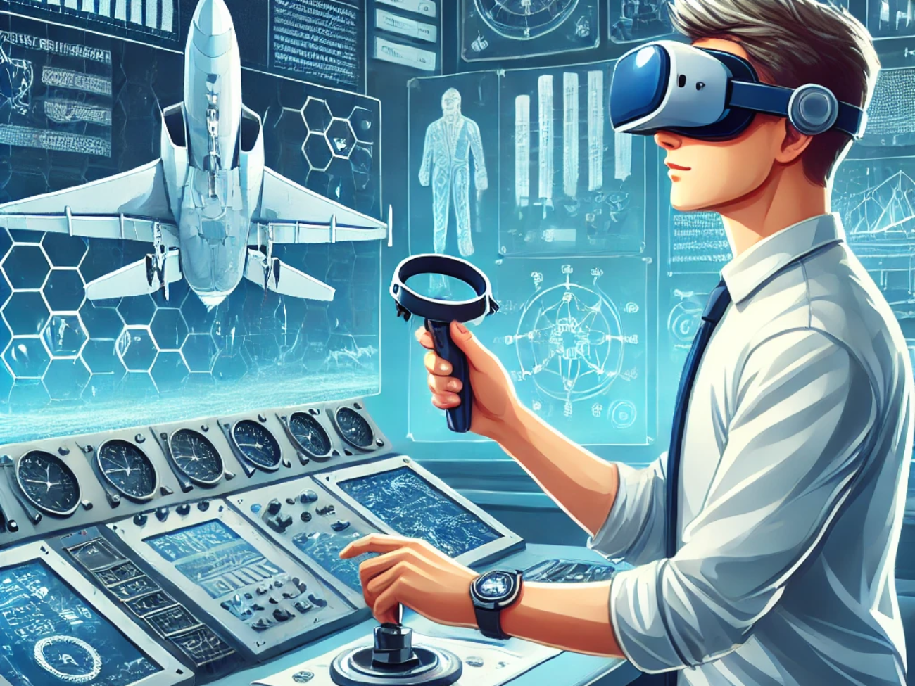 DALL·E 2024-06-25 12.50.34 - Illustration of an aerospace engineering student using virtual reality to simulate flight dynamics. The student, a young Caucasian male, is wearing a