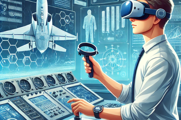 DALL·E 2024-06-25 12.50.34 - Illustration of an aerospace engineering student using virtual reality to simulate flight dynamics. The student, a young Caucasian male, is wearing a