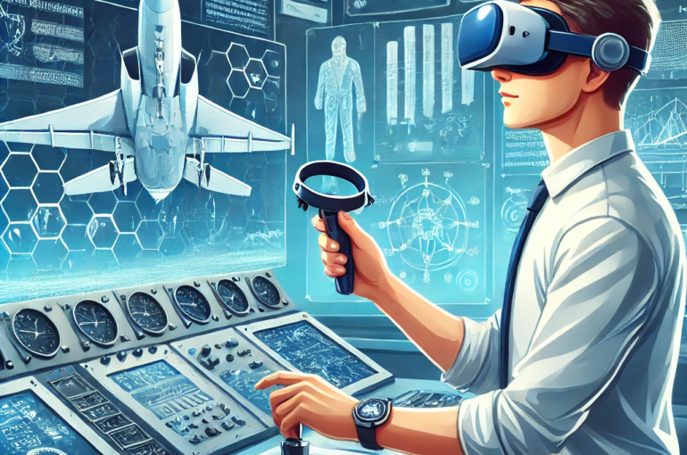 DALL·E 2024-06-25 12.50.34 - Illustration of an aerospace engineering student using virtual reality to simulate flight dynamics. The student, a young Caucasian male, is wearing a