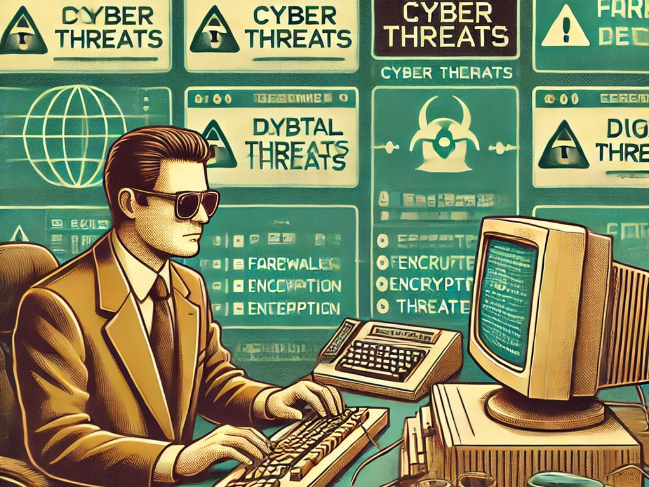 DALL·E 2024-06-25 15.36.39 - 1990s style illustration showing a government IT professional defending against cyber threats. The scene features an office setting with a government