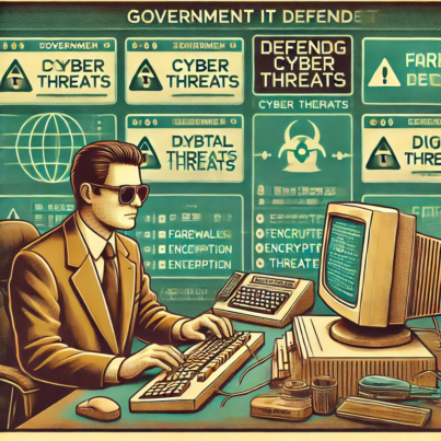 DALL·E 2024-06-25 15.36.39 - 1990s style illustration showing a government IT professional defending against cyber threats. The scene features an office setting with a government