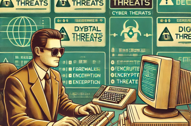 DALL·E 2024-06-25 15.36.39 - 1990s style illustration showing a government IT professional defending against cyber threats. The scene features an office setting with a government