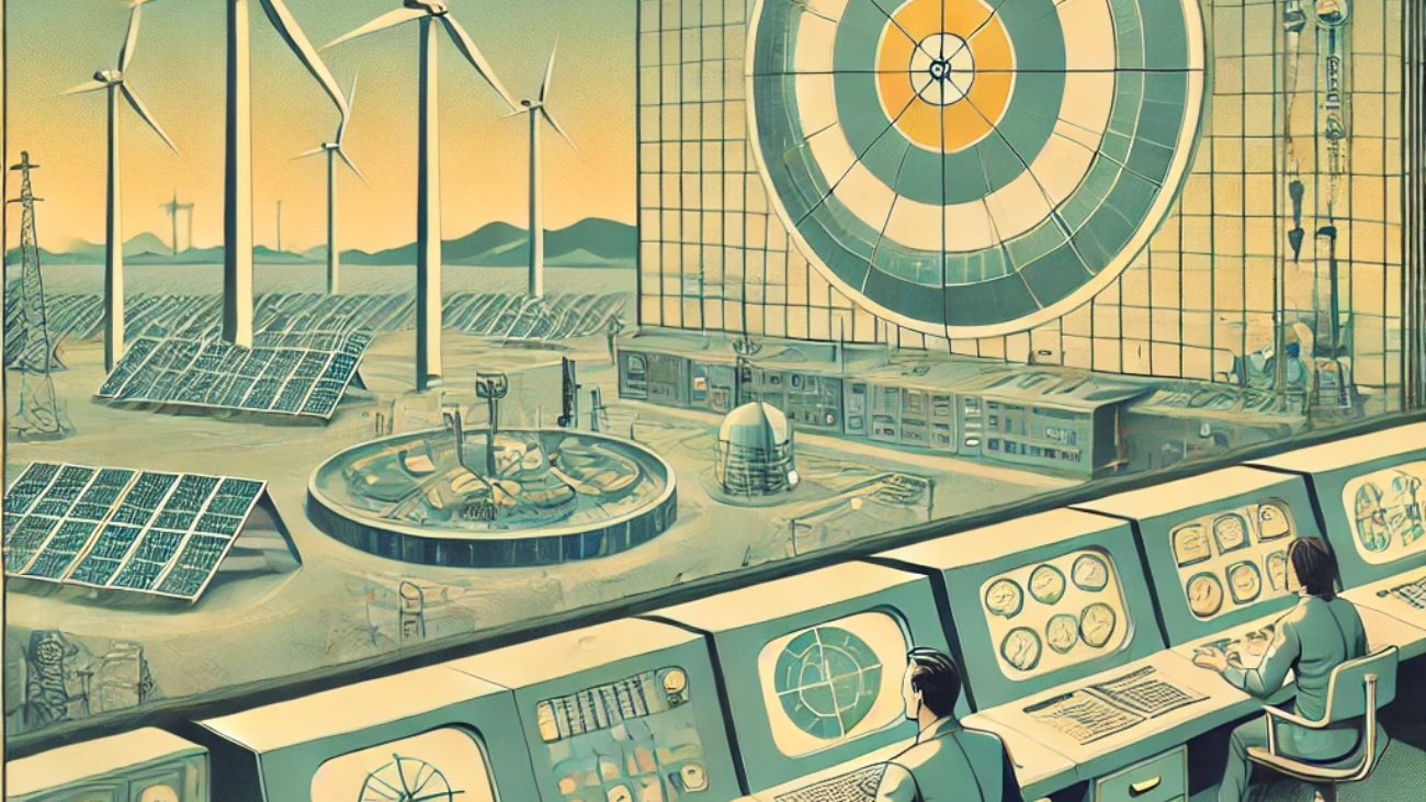 DALL·E 2024-06-25 15.43.09 - 1960s style illustration showing a futuristic energy grid with renewable energy sources like wind turbines and solar panels. The scene includes a vint