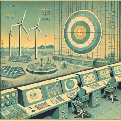 DALL·E 2024-06-25 15.43.09 - 1960s style illustration showing a futuristic energy grid with renewable energy sources like wind turbines and solar panels. The scene includes a vint