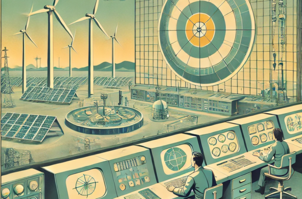 DALL·E 2024-06-25 15.43.09 - 1960s style illustration showing a futuristic energy grid with renewable energy sources like wind turbines and solar panels. The scene includes a vint