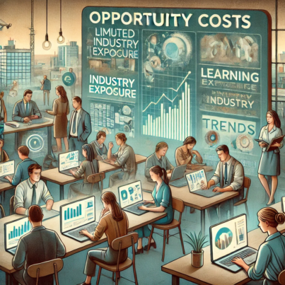 DALL·E 2024-06-25 15.51.46 - Illustration depicting the opportunity costs faced by workers, including limited industry exposure and learning from trends. The scene shows a diverse