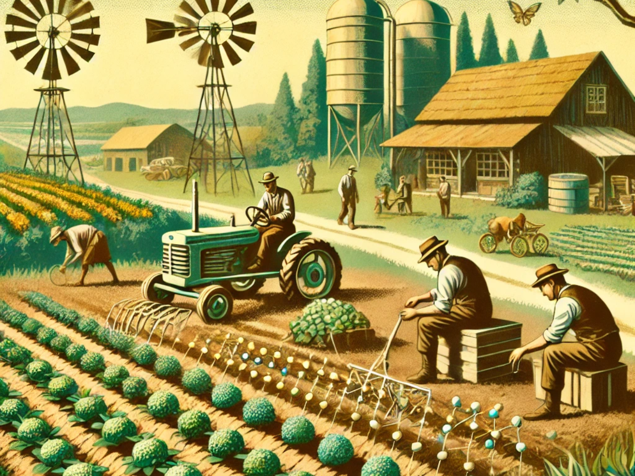 DALL·E 2024-06-25 16.15.04 - 1960s style illustration showing the practical application of nanotechnology in agriculture at a farm. The scene includes farmers using nanotechnology