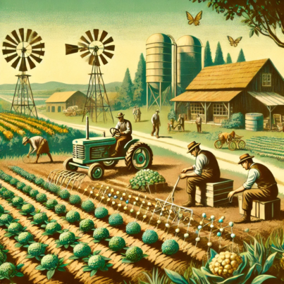 DALL·E 2024-06-25 16.15.04 - 1960s style illustration showing the practical application of nanotechnology in agriculture at a farm. The scene includes farmers using nanotechnology