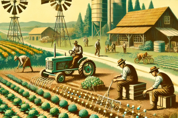 DALL·E 2024-06-25 16.15.04 - 1960s style illustration showing the practical application of nanotechnology in agriculture at a farm. The scene includes farmers using nanotechnology