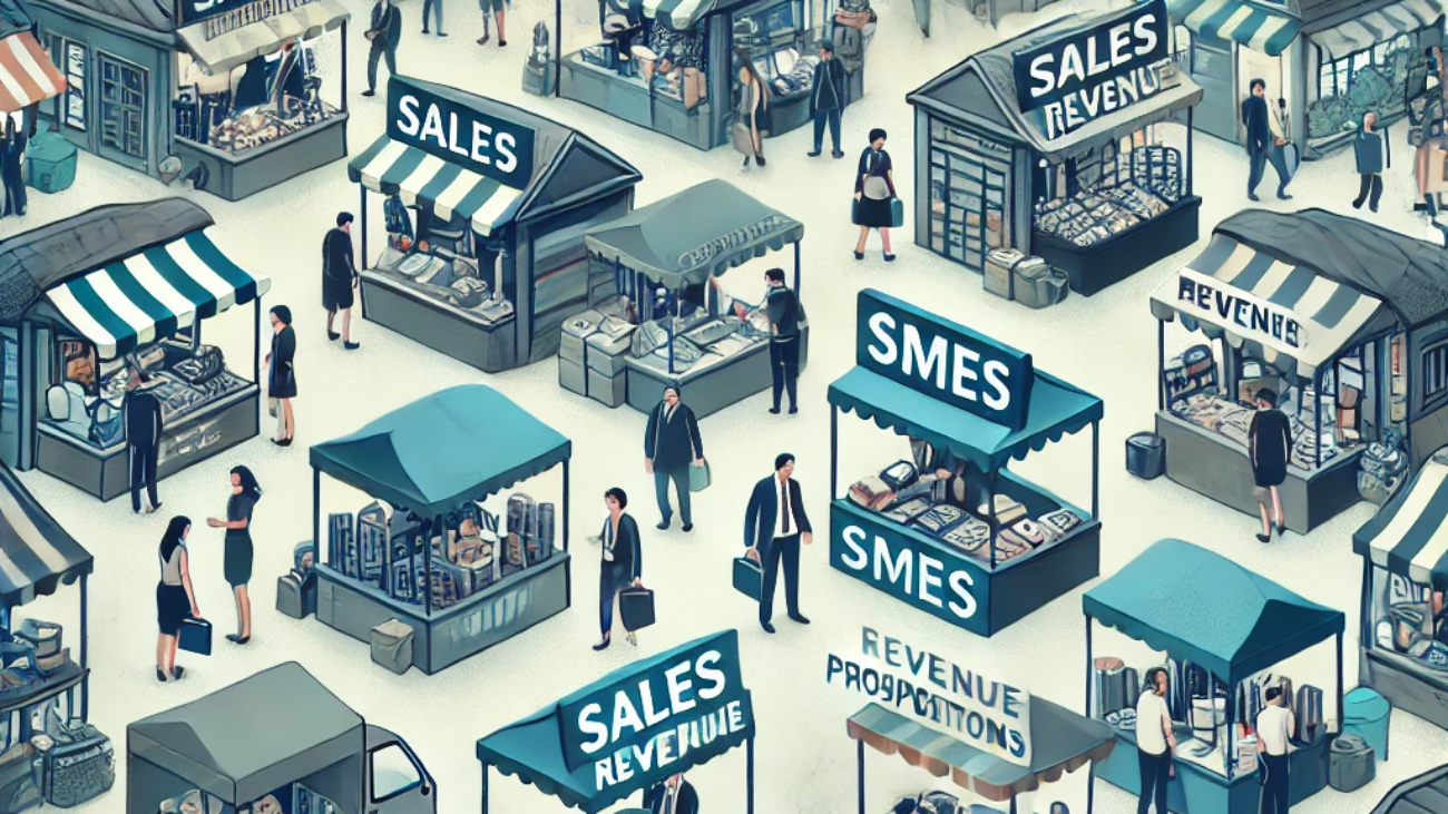 DALL·E 2024-06-25 16.34.09 - An illustration depicting the sales and revenue challenges for small and medium enterprises (SMEs). The scene shows a crowded market with multiple sta