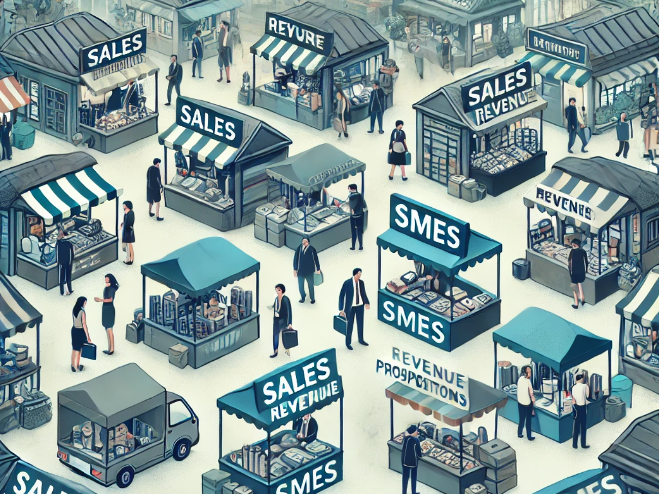 DALL·E 2024-06-25 16.34.09 - An illustration depicting the sales and revenue challenges for small and medium enterprises (SMEs). The scene shows a crowded market with multiple sta