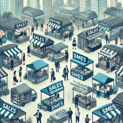 DALL·E 2024-06-25 16.34.09 - An illustration depicting the sales and revenue challenges for small and medium enterprises (SMEs). The scene shows a crowded market with multiple sta