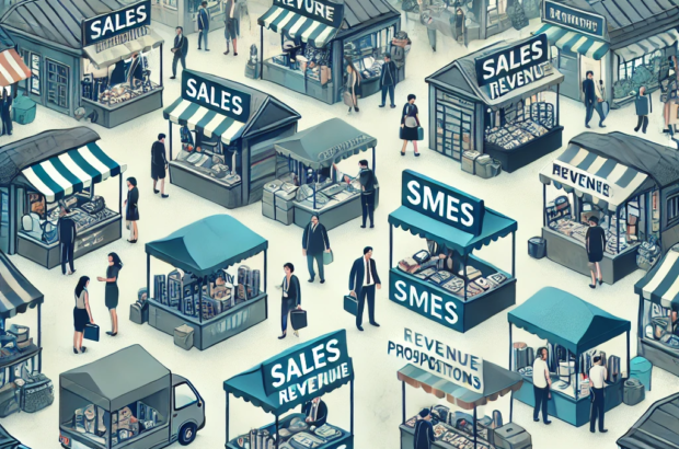 DALL·E 2024-06-25 16.34.09 - An illustration depicting the sales and revenue challenges for small and medium enterprises (SMEs). The scene shows a crowded market with multiple sta