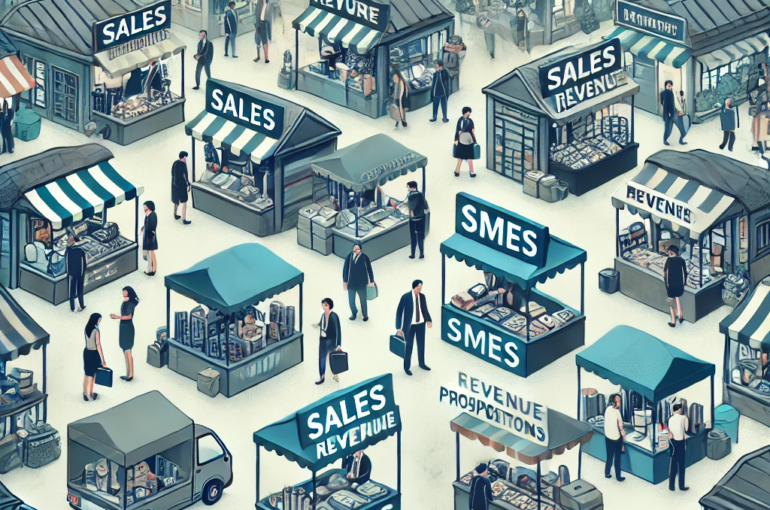 DALL·E 2024-06-25 16.34.09 - An illustration depicting the sales and revenue challenges for small and medium enterprises (SMEs). The scene shows a crowded market with multiple sta