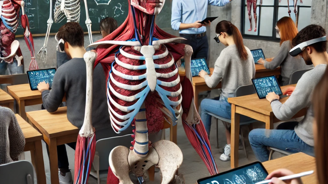 DALL·E 2024-06-26 09.33.28 - A college classroom where students are using augmented reality (AR) headsets and tablets to study complex anatomical structures in medicine. The class