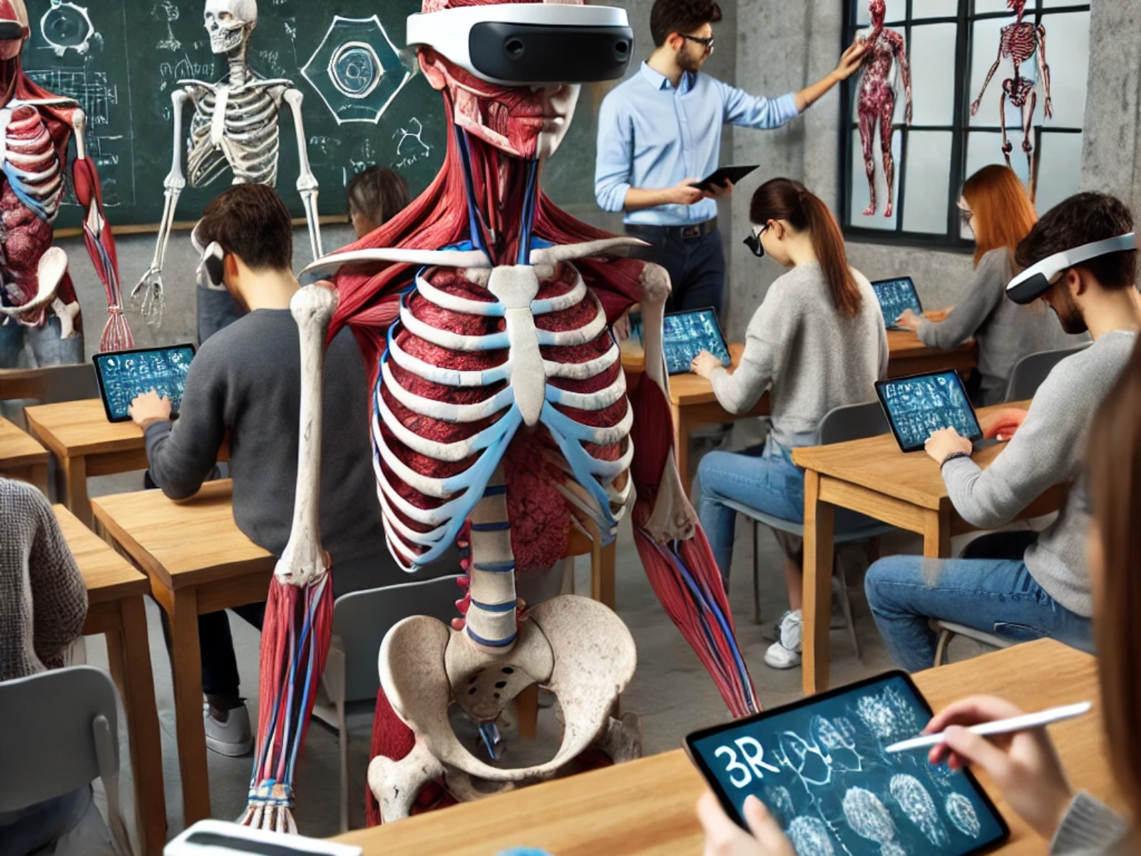 DALL·E 2024-06-26 09.33.28 - A college classroom where students are using augmented reality (AR) headsets and tablets to study complex anatomical structures in medicine. The class