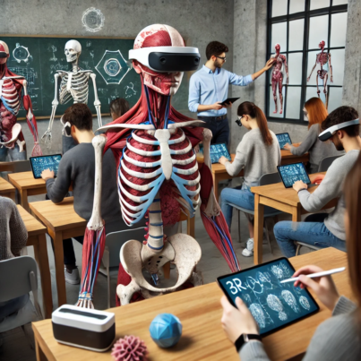 DALL·E 2024-06-26 09.33.28 - A college classroom where students are using augmented reality (AR) headsets and tablets to study complex anatomical structures in medicine. The class