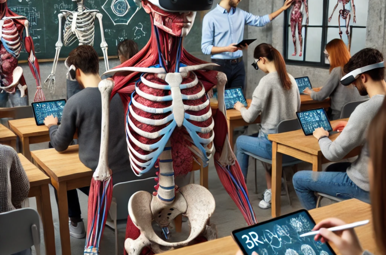 DALL·E 2024-06-26 09.33.28 - A college classroom where students are using augmented reality (AR) headsets and tablets to study complex anatomical structures in medicine. The class