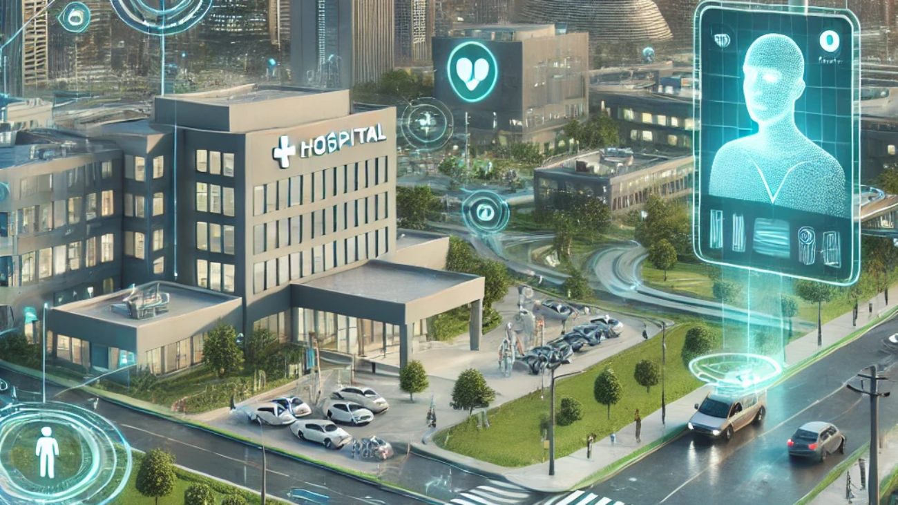 DALL·E 2024-06-26 09.39.37 - A smart city environment showcasing advanced technologies in healthcare and public safety. The scene includes a modern hospital with telemedicine serv