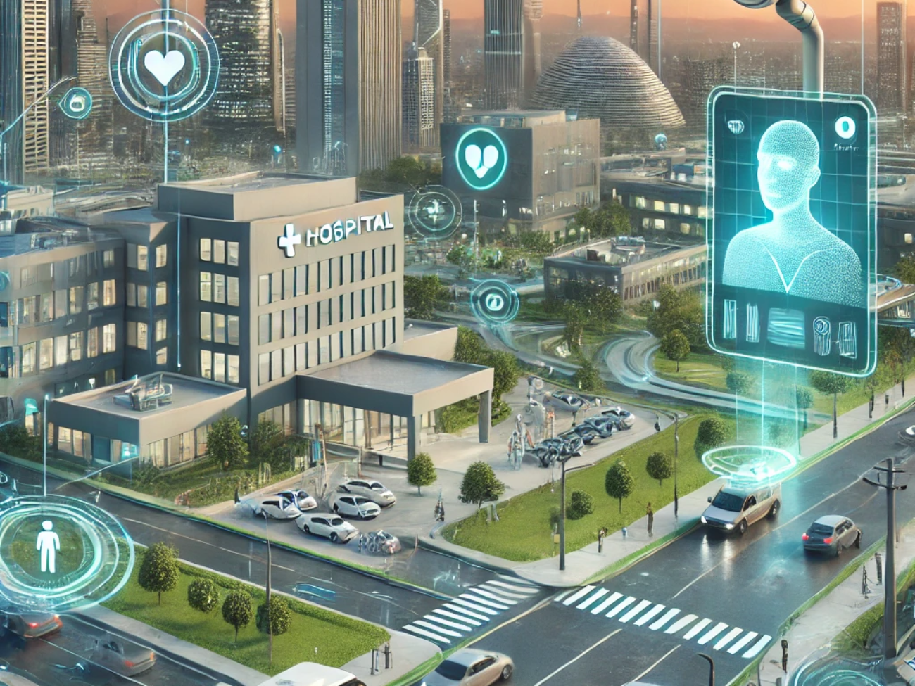 DALL·E 2024-06-26 09.39.37 - A smart city environment showcasing advanced technologies in healthcare and public safety. The scene includes a modern hospital with telemedicine serv