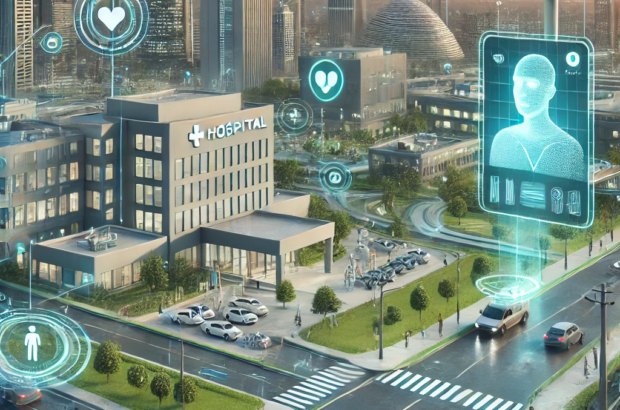 DALL·E 2024-06-26 09.39.37 - A smart city environment showcasing advanced technologies in healthcare and public safety. The scene includes a modern hospital with telemedicine serv