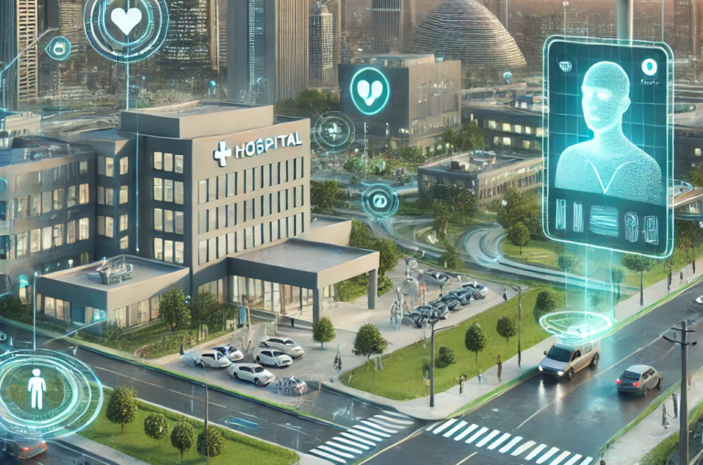 DALL·E 2024-06-26 09.39.37 - A smart city environment showcasing advanced technologies in healthcare and public safety. The scene includes a modern hospital with telemedicine serv