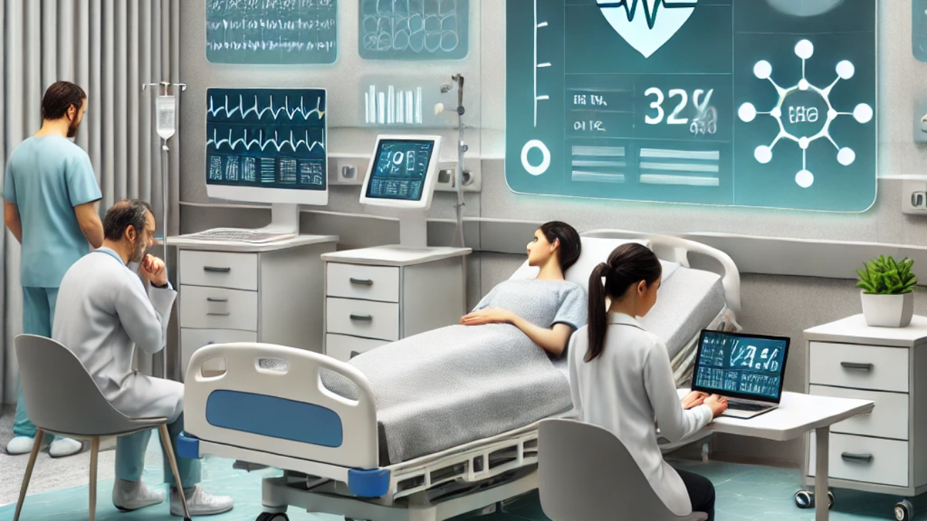 DALL·E 2024-06-26 09.46.00 - A smart hospital room equipped with IoT devices for patient monitoring. Patients are using wearable devices to track health metrics like heart rate an