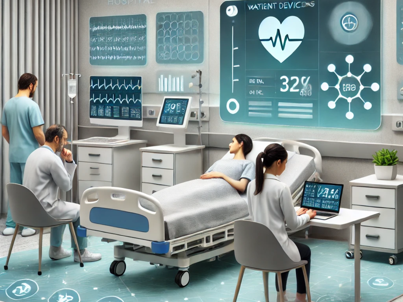 DALL·E 2024-06-26 09.46.00 - A smart hospital room equipped with IoT devices for patient monitoring. Patients are using wearable devices to track health metrics like heart rate an