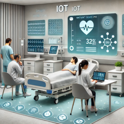 DALL·E 2024-06-26 09.46.00 - A smart hospital room equipped with IoT devices for patient monitoring. Patients are using wearable devices to track health metrics like heart rate an