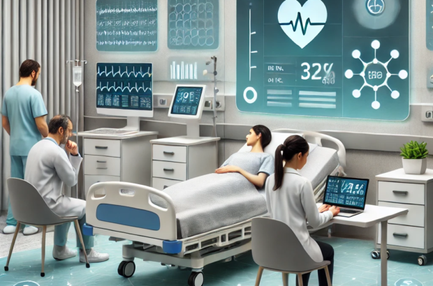 DALL·E 2024-06-26 09.46.00 - A smart hospital room equipped with IoT devices for patient monitoring. Patients are using wearable devices to track health metrics like heart rate an