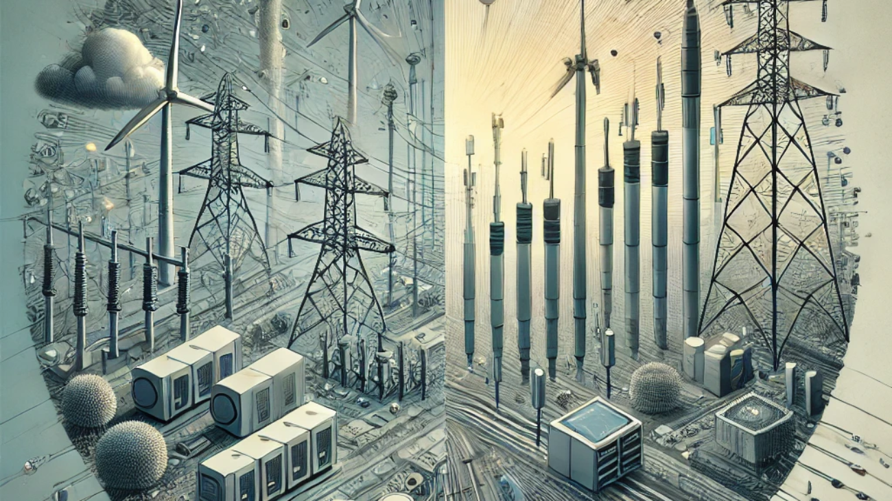 DALL·E 2024-06-26 09.52.09 - A visual comparison of a modern power grid and a telecom grid. On one side, the image shows power lines, substations, and renewable energy sources lik