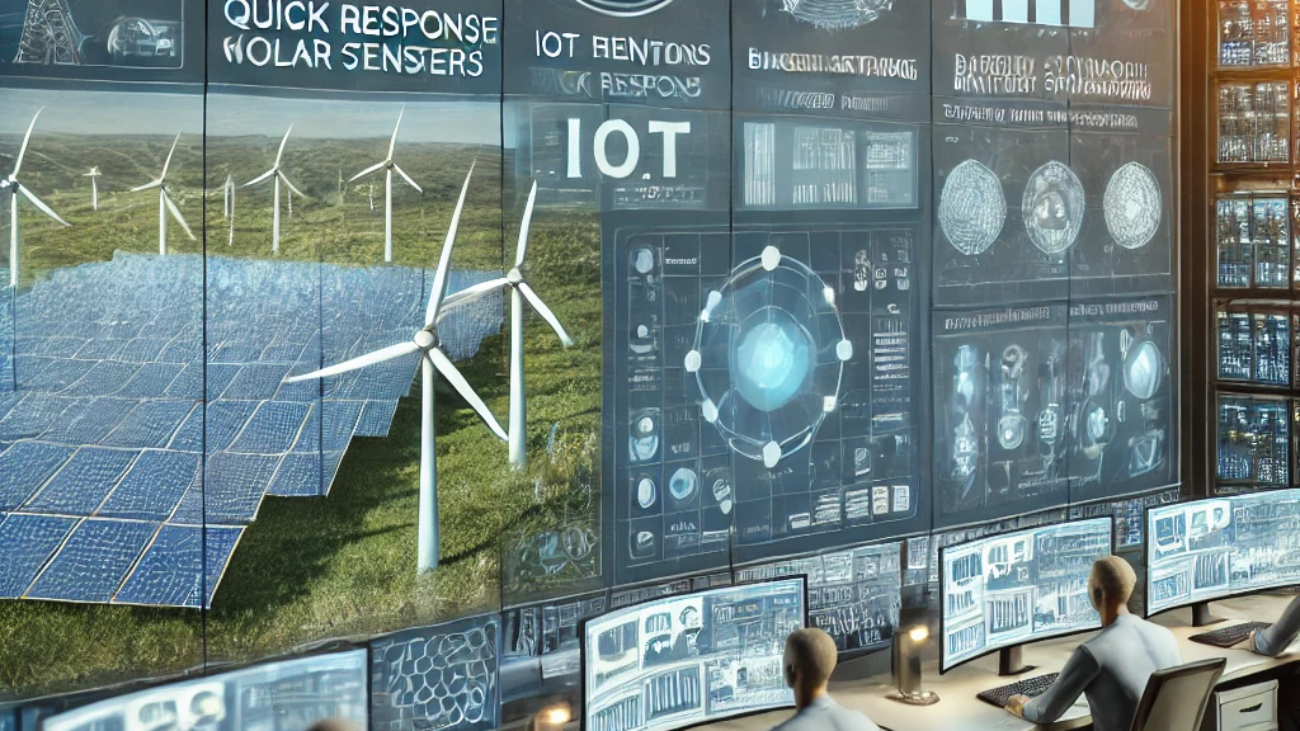 DALL·E 2024-06-26 10.01.35 - An advanced control center for renewable energy grid management. The scene includes operators monitoring real-time data from IoT sensors and advanced