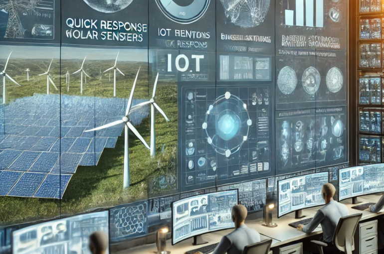 DALL·E 2024-06-26 10.01.35 - An advanced control center for renewable energy grid management. The scene includes operators monitoring real-time data from IoT sensors and advanced