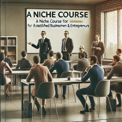 DALL·E 2024-06-26 12.02.23 - An educational institution offering a niche course for established businessmen and entrepreneurs. The scene shows a small group of participants in a m