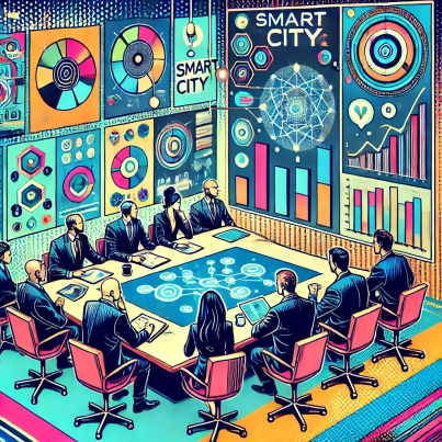 DALL·E 2024-06-26 12.10.07 - A 2000s style pop art inspired illustration of an expert panel meeting discussing smart city development. The image features vibrant colors, bold line