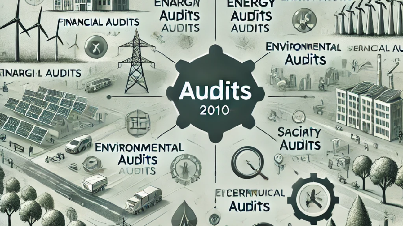 DALL·E 2024-06-26 12.29.40 - A 2010s style illustration showing the implementation of different audits in renewable energy management. The image features elements such as financia