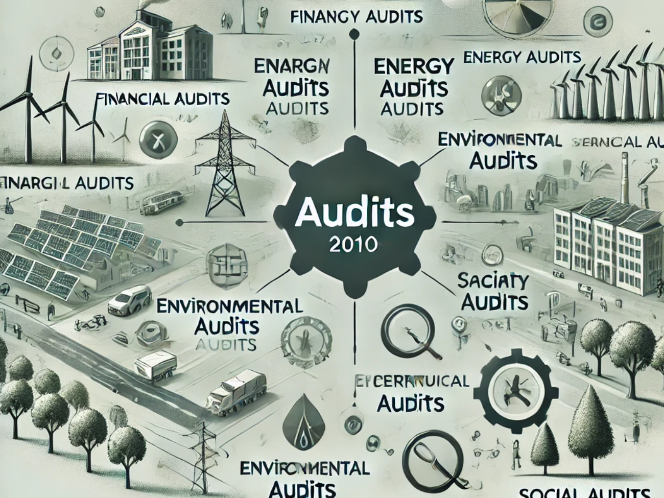 DALL·E 2024-06-26 12.29.40 - A 2010s style illustration showing the implementation of different audits in renewable energy management. The image features elements such as financia