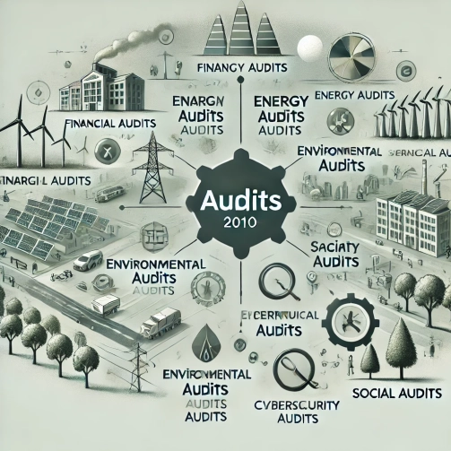 DALL·E 2024-06-26 12.29.40 - A 2010s style illustration showing the implementation of different audits in renewable energy management. The image features elements such as financia