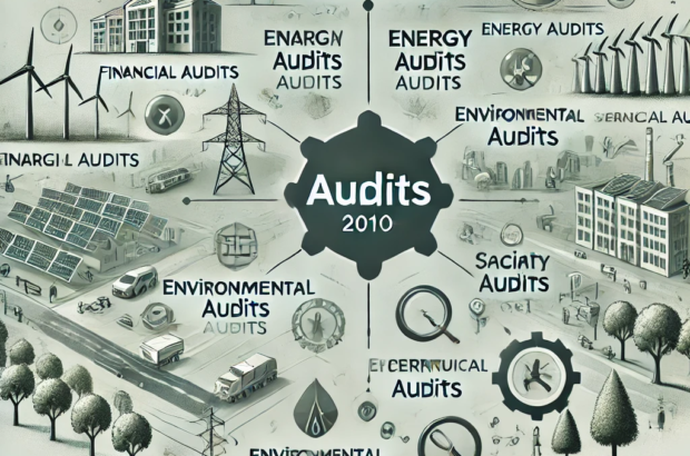 DALL·E 2024-06-26 12.29.40 - A 2010s style illustration showing the implementation of different audits in renewable energy management. The image features elements such as financia