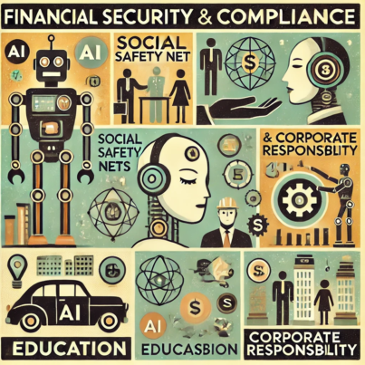 DALL·E 2024-06-26 12.39.58 - A 1960s style illustration showing financial security and compliance measures for workers in an automated future. The image includes elements like rob